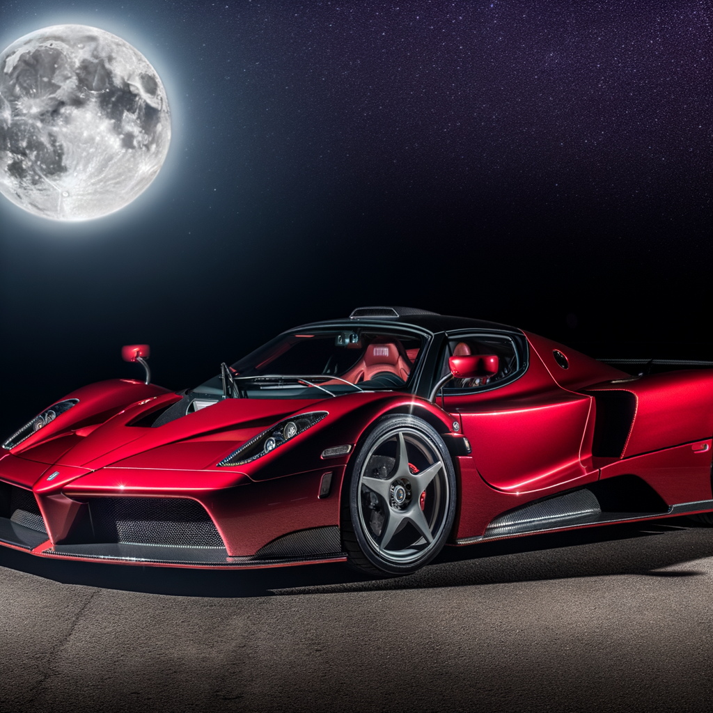 Ferrari supercar glistening under moonlit sky.