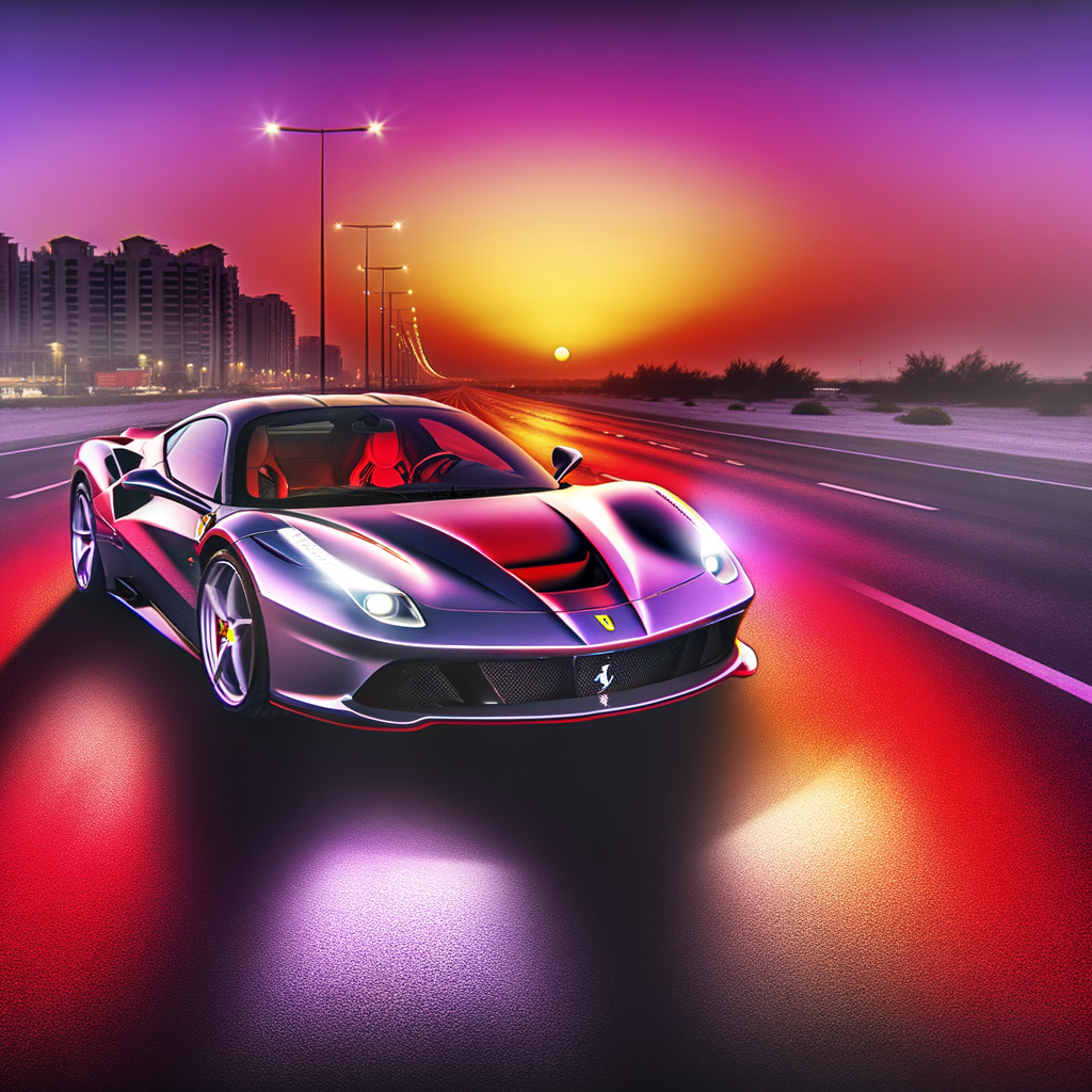 Ferrari supercar glistening under sunset skies.
