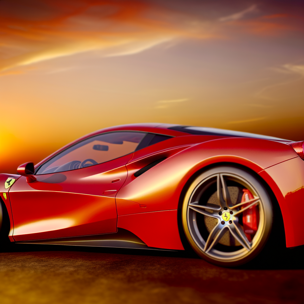 Ferrari supercar glistens under golden sunset.