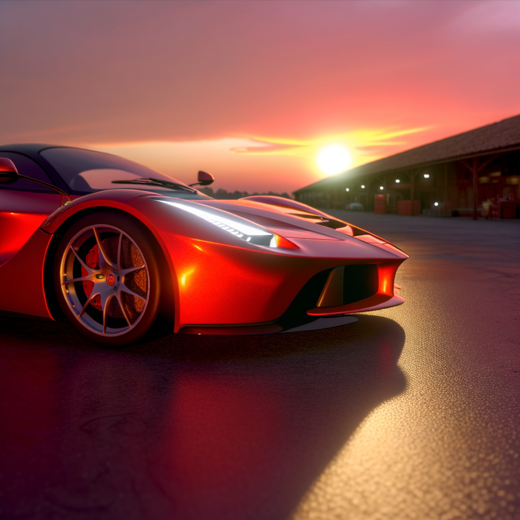 Ferrari supercar glistens under Maranello sunset.