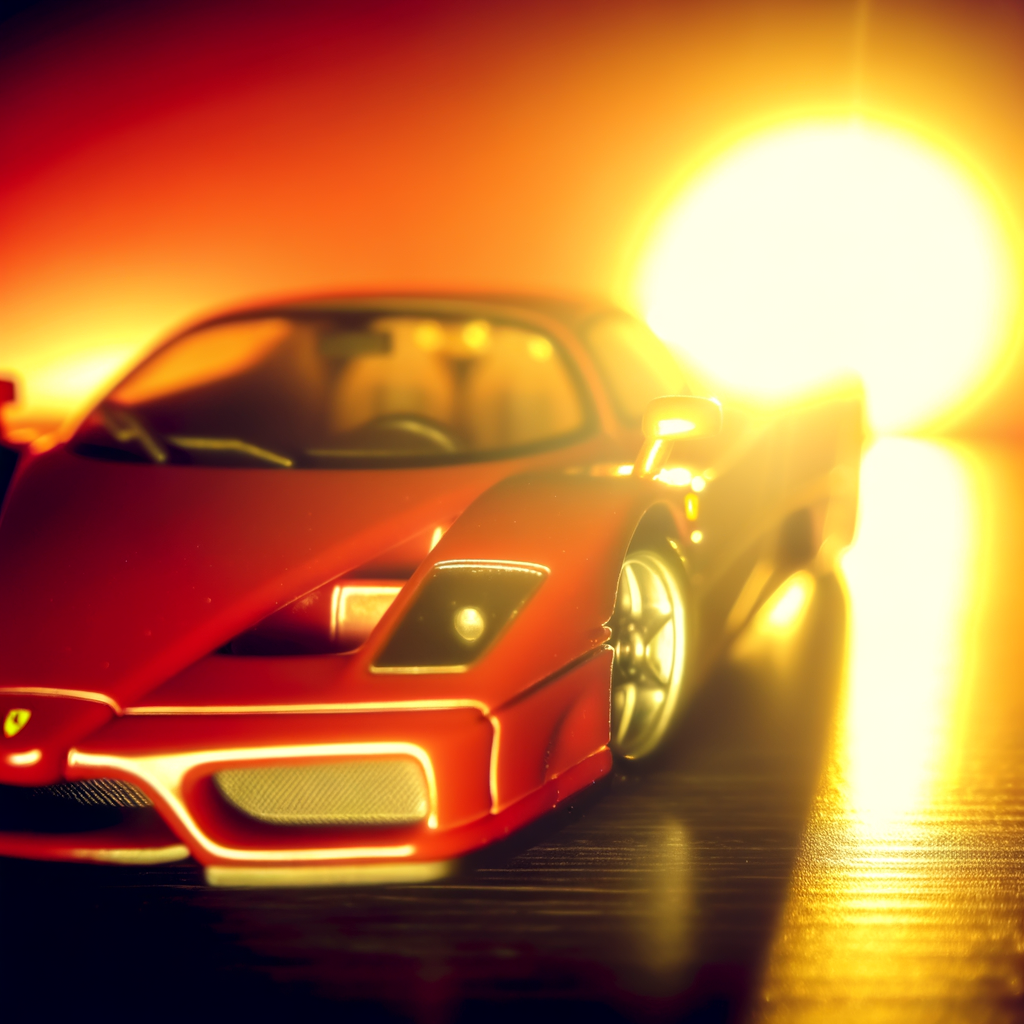 Ferrari supercar glistens under sunset glow.