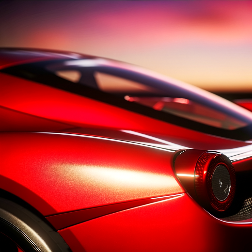 Ferrari supercar glistens under sunset's glow.