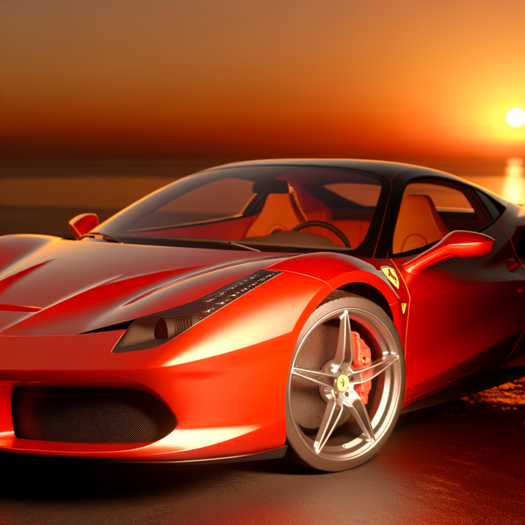 Ferrari supercar majestically displayed at sunset.