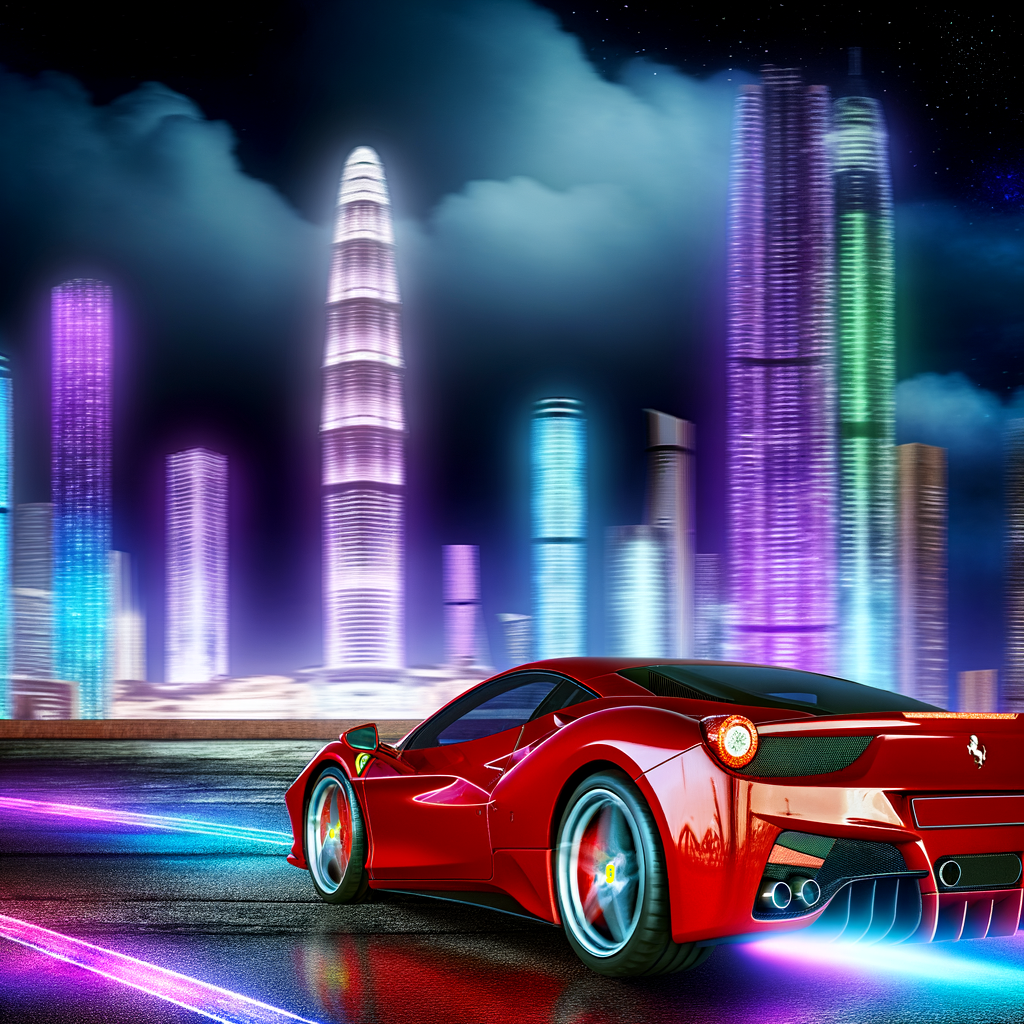 Ferrari supercar speeding through futuristic cityscape.