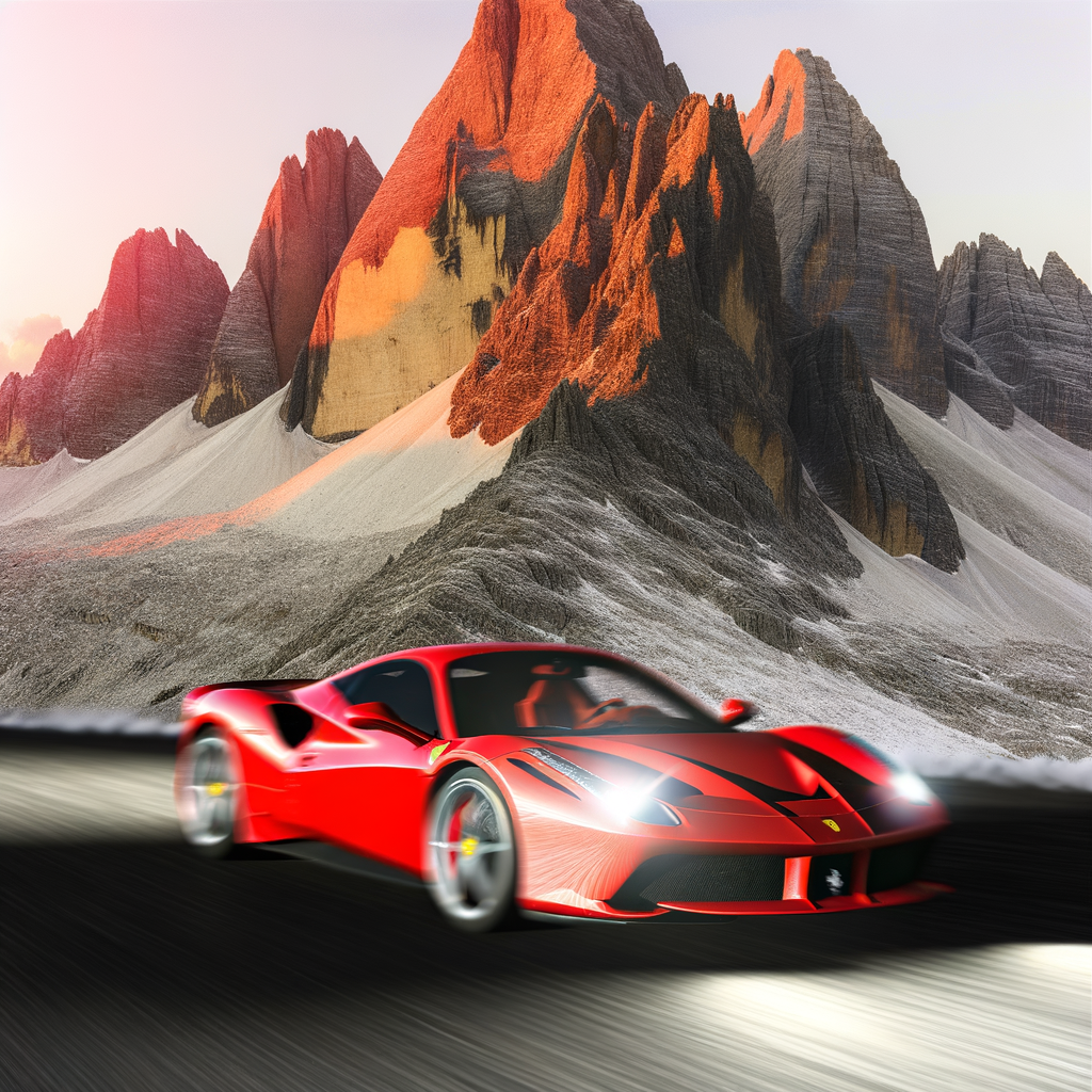 Ferrari supercar speeding through scenic mountains.