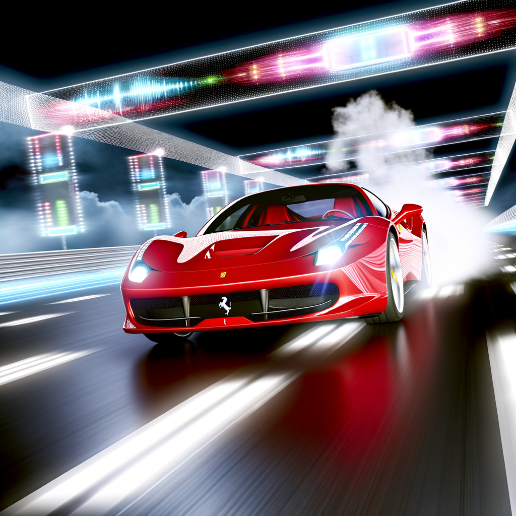 Ferrari's sleek elegance on futuristic racetrack.