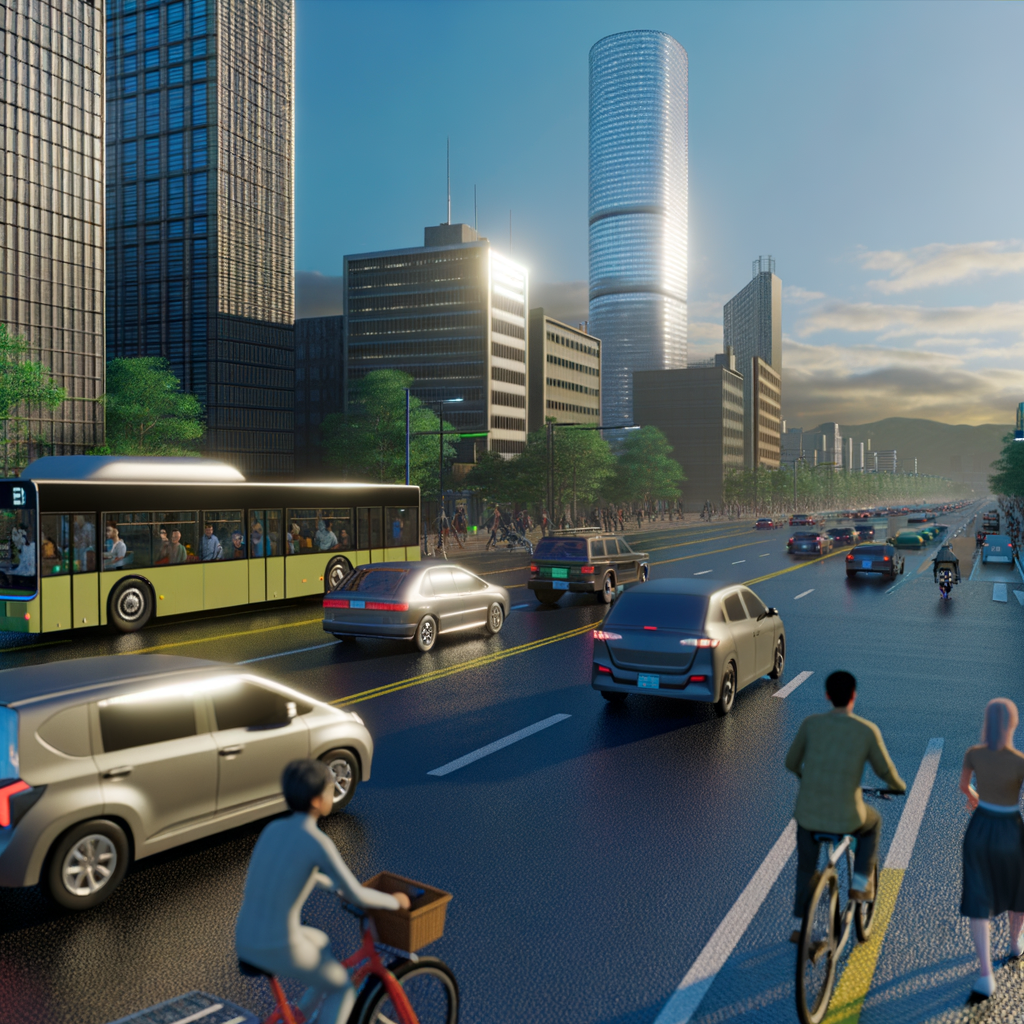 Future cityscape with diverse sustainable transport.