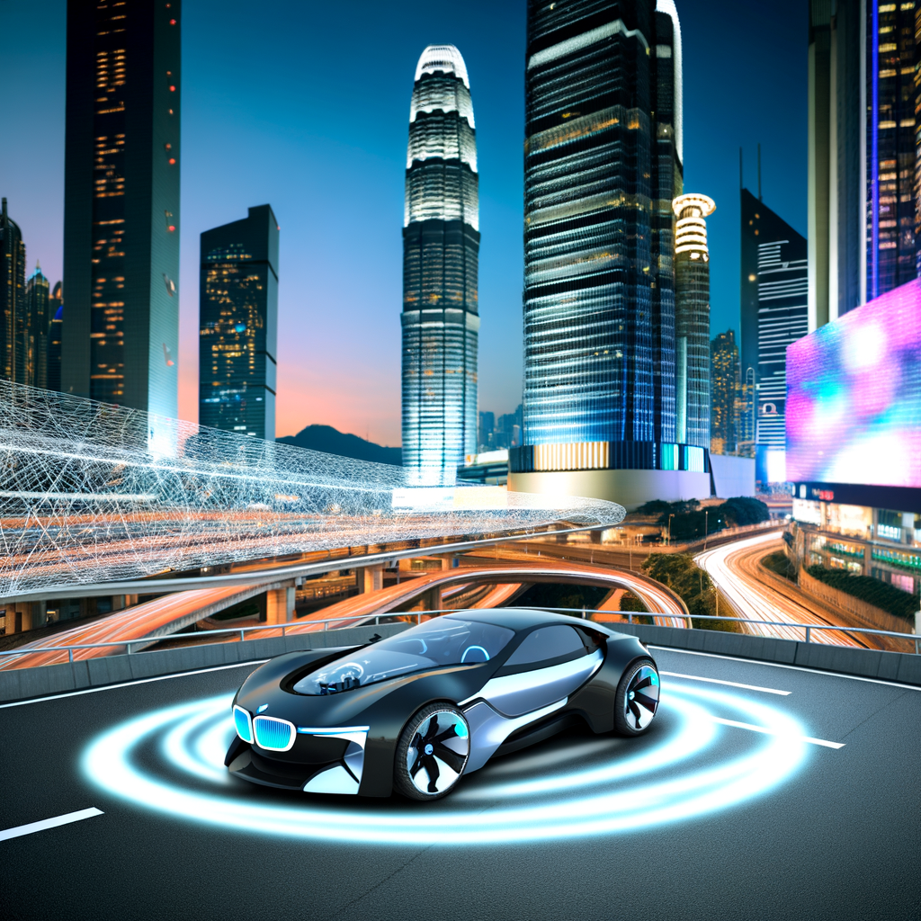 Futuristic BMW car amid urban skyline.