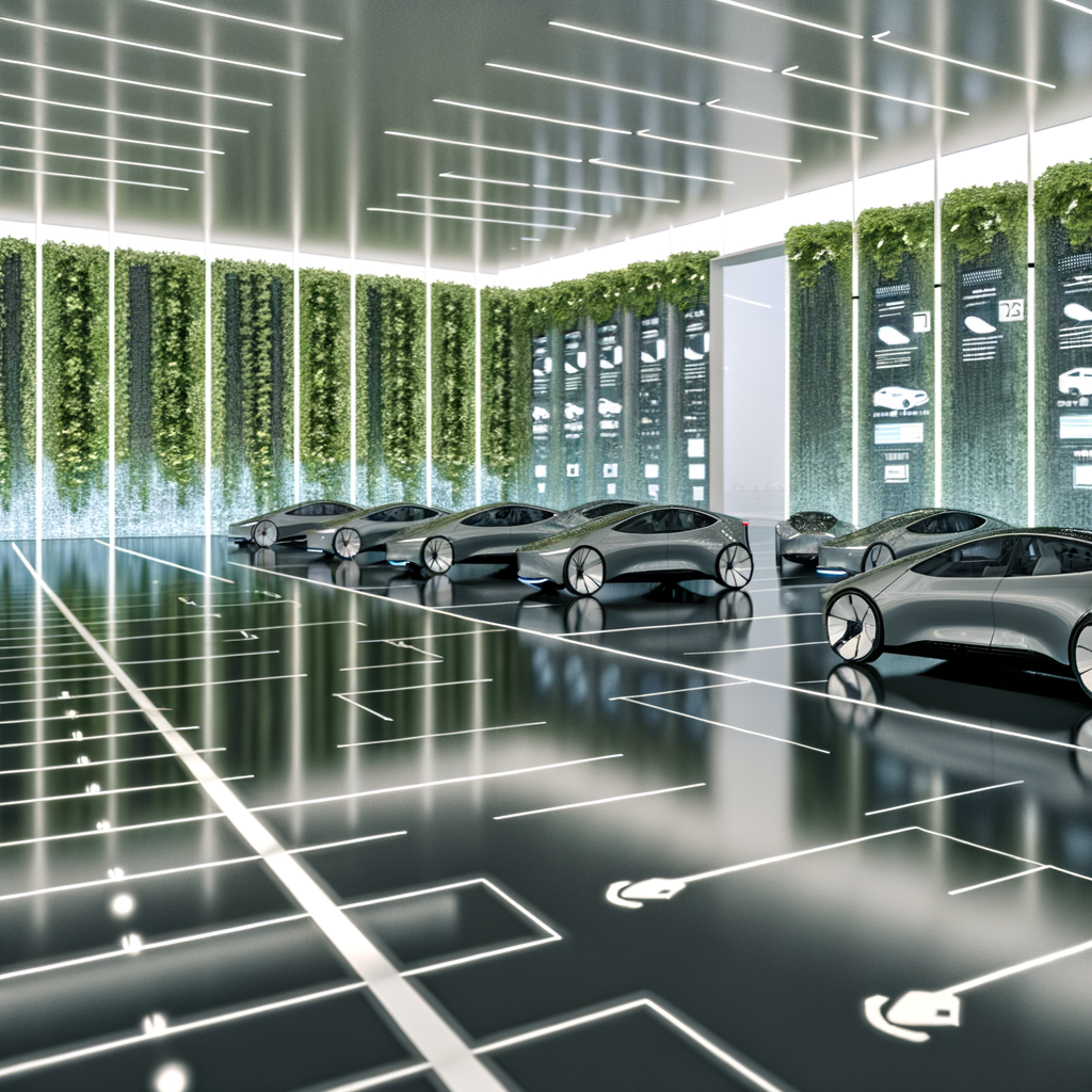 Futuristic car showroom highlighting technology and sustainability.