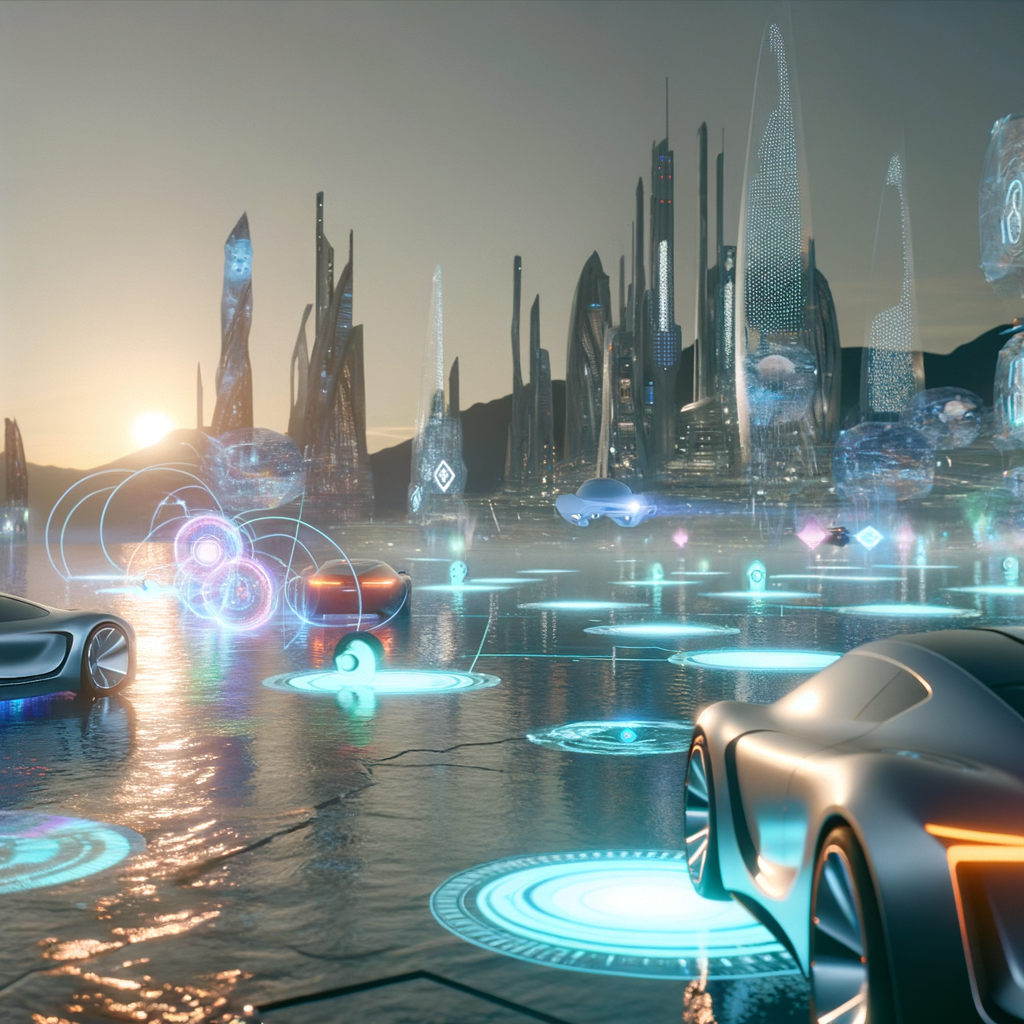 Futuristic cars amidst digital transformation landscape.