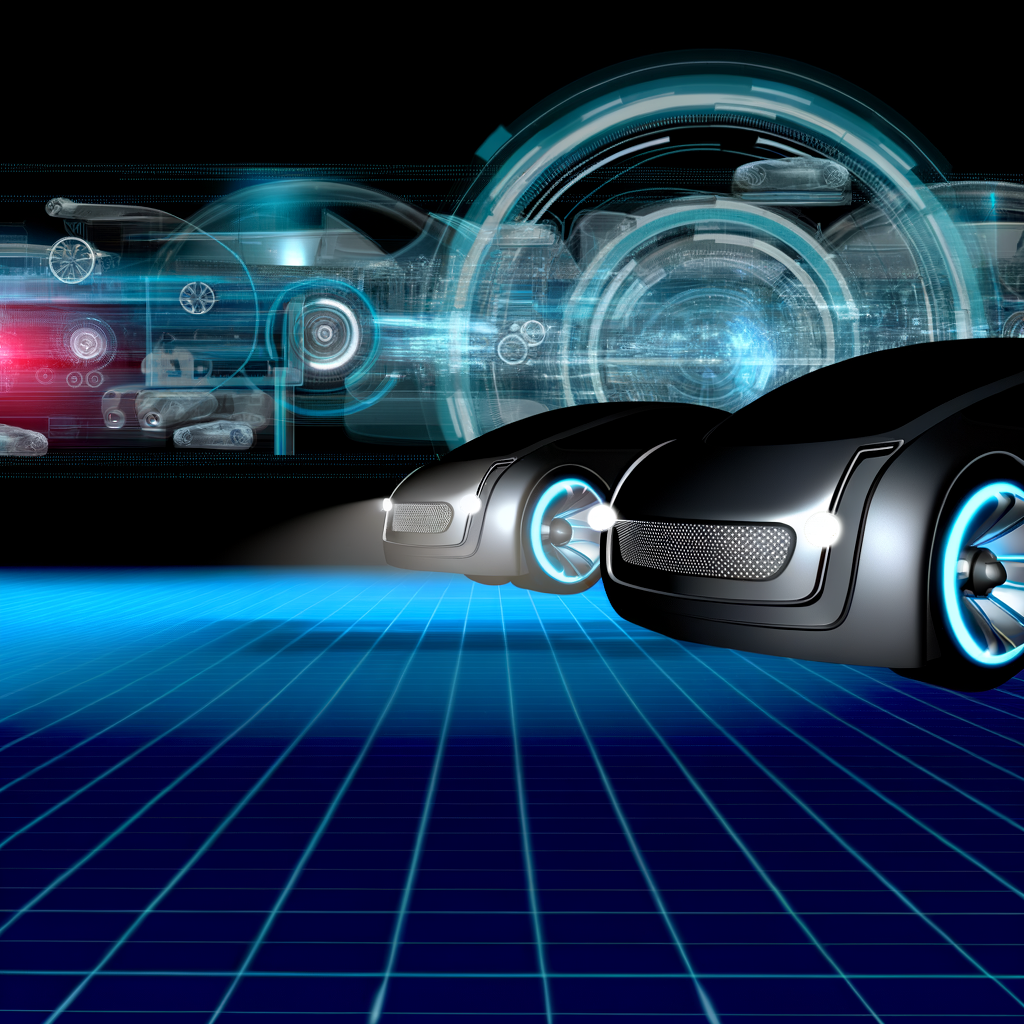 Futuristic cars showcasing innovation on digital backdrop.