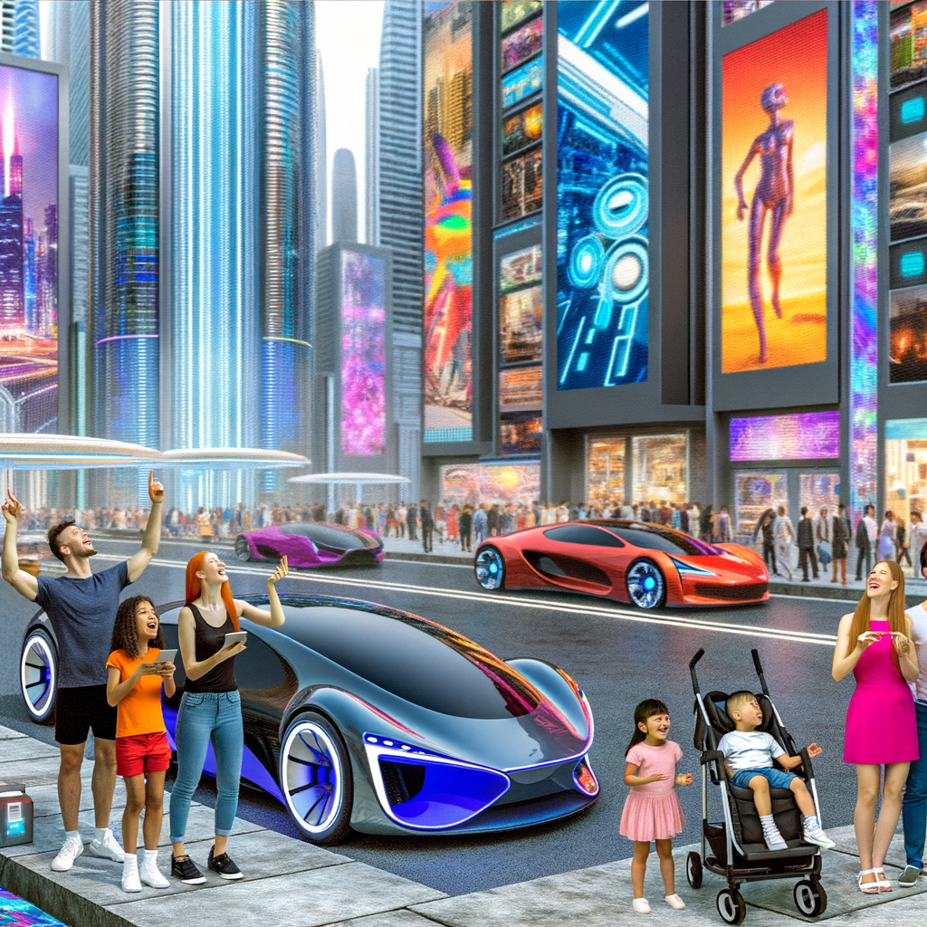 Futuristic cars, technology, and happy consumers.