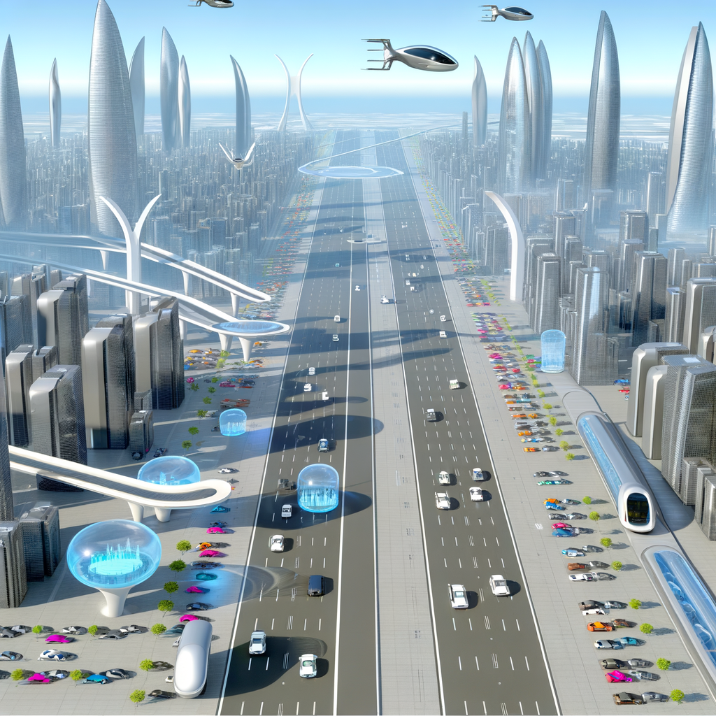 Futuristic cityscape with diverse mobility solutions.