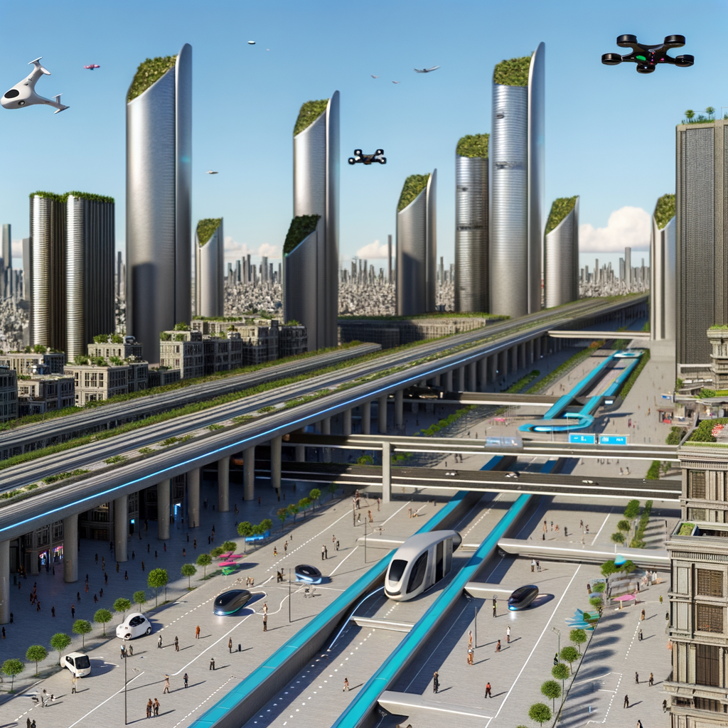 Futuristic cityscape with diverse mobility solutions.