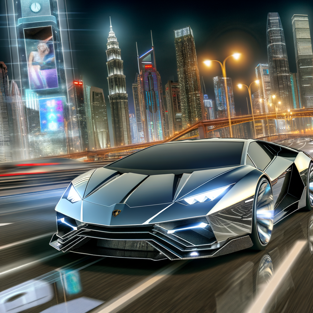 Futuristic Lamborghini speeding through urban landscape.