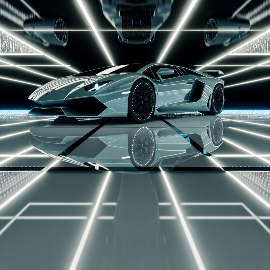 Futuristic Lamborghini supercar in sleek showroom.