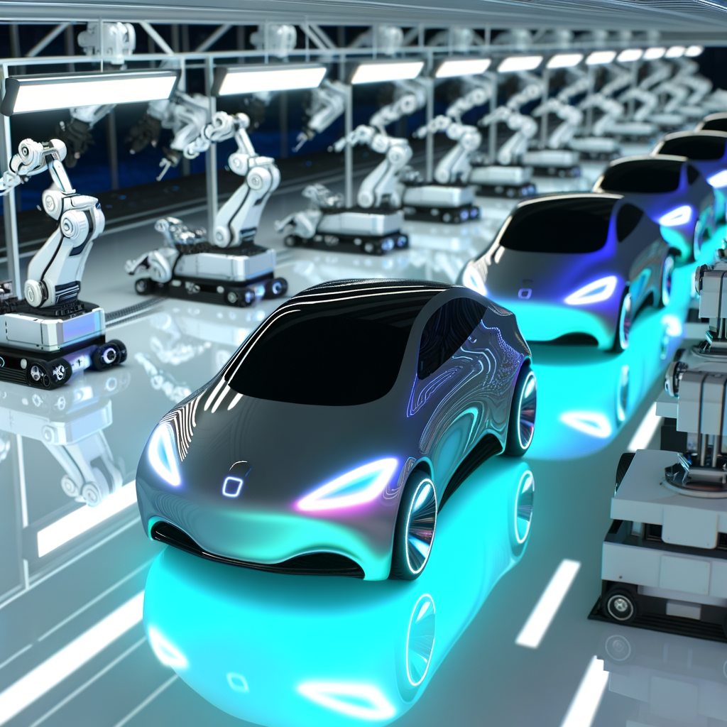 Innovative cars align on futuristic assembly line.