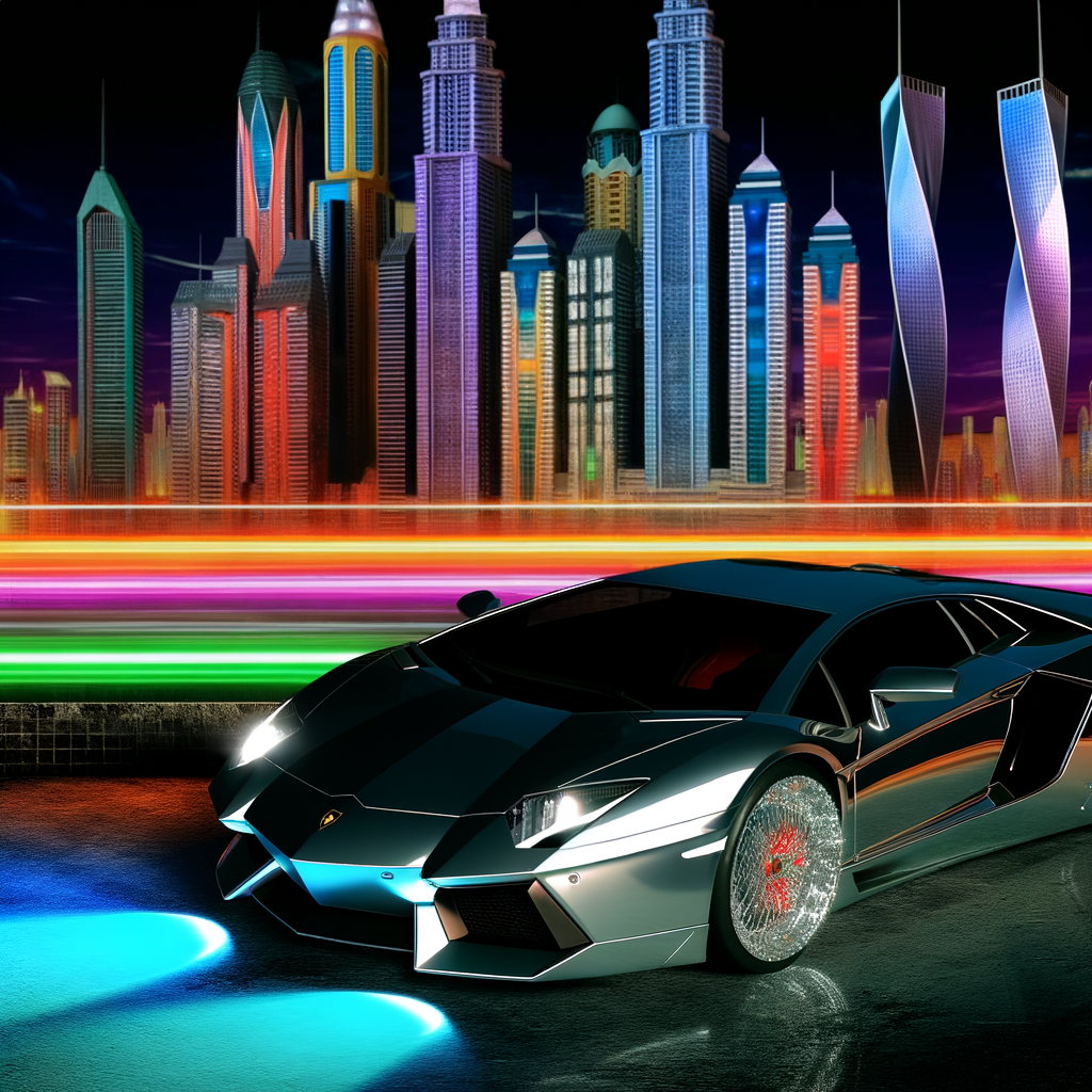 Lamborghini supercar amidst futuristic cityscape, glowing.
