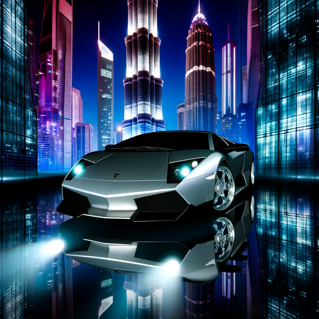 Lamborghini supercar amidst futuristic cityscape backdrop.