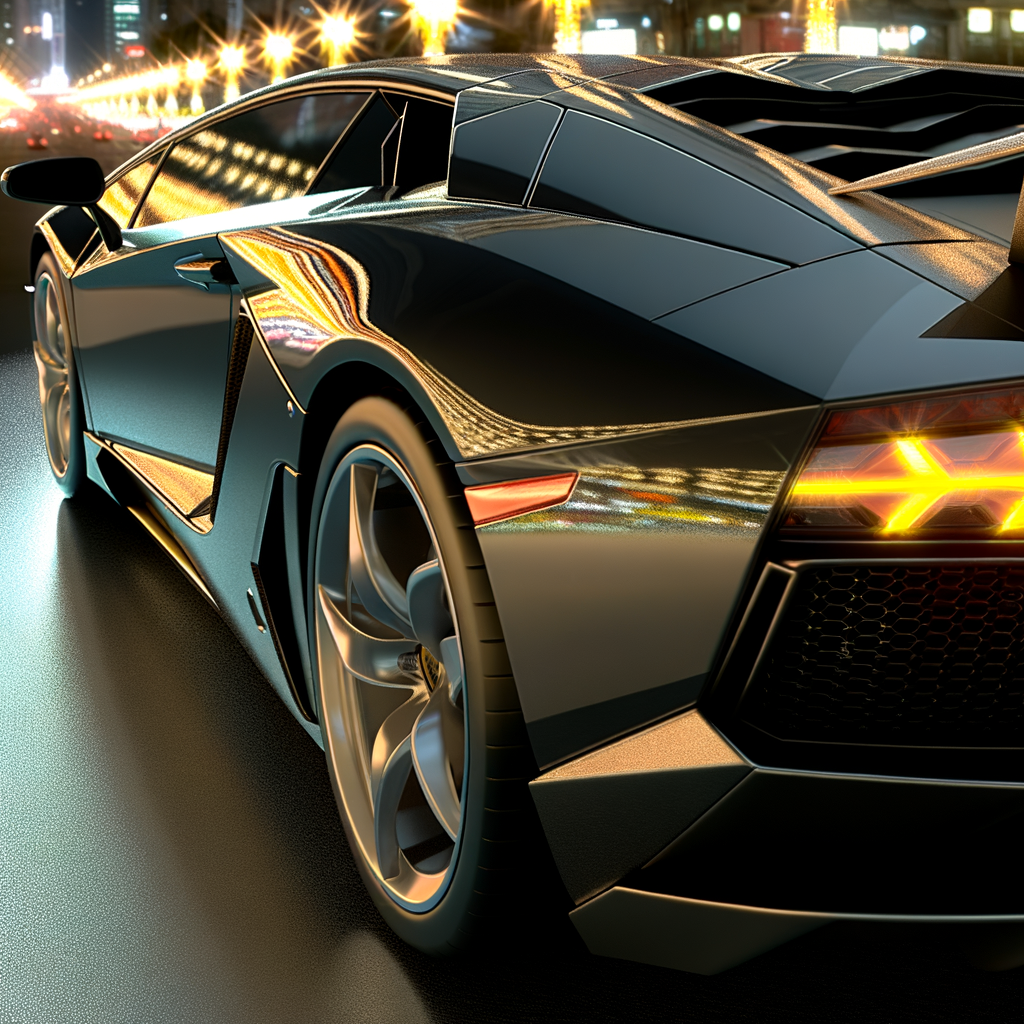 Lamborghini supercar gleaming under city lights.