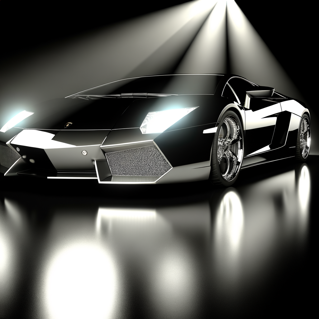 Lamborghini supercar gleaming under spotlight, showcasing elegance.