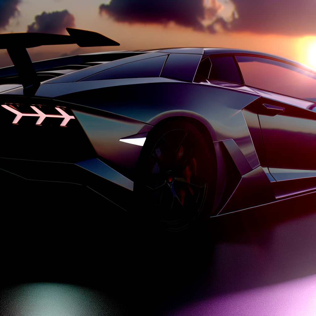 Lamborghini supercar glistens under sunset sky.