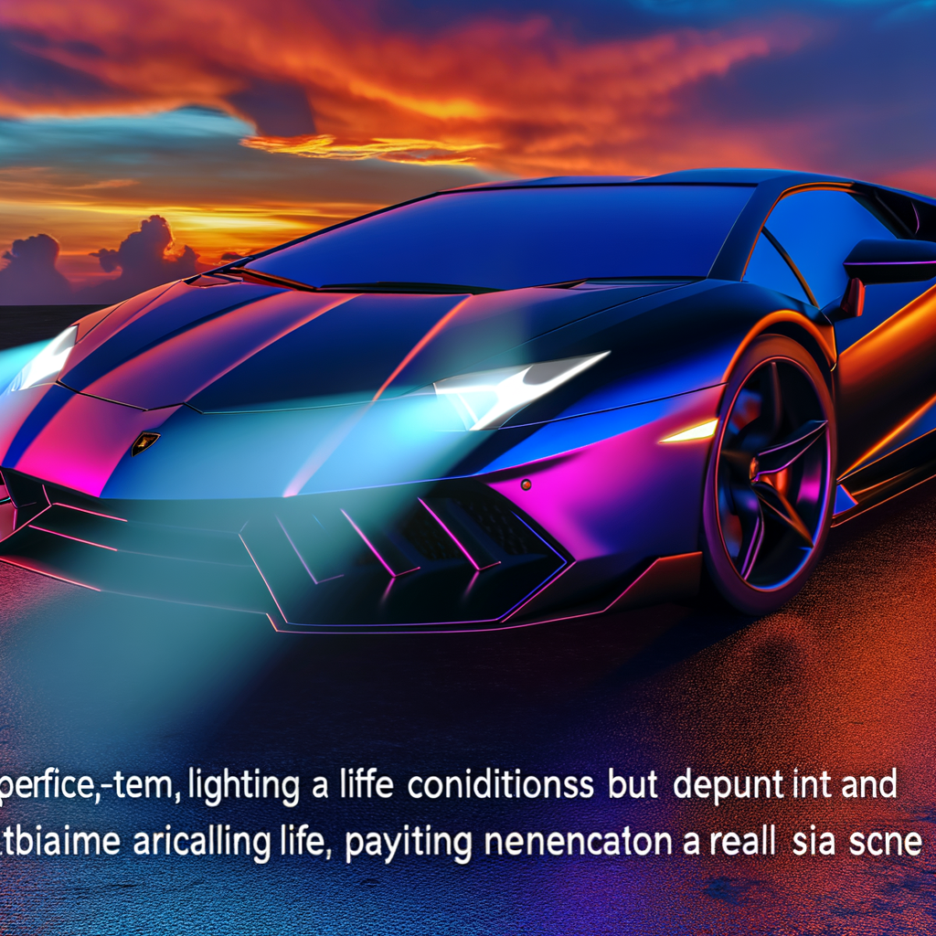 Lamborghini supercar, sleek design, vibrant sunset.