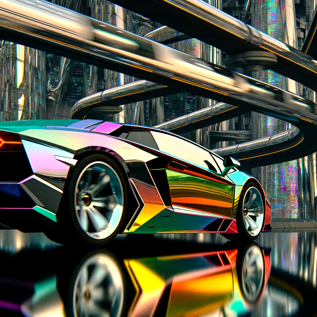 Lamborghini supercar speeding through futuristic landscape.