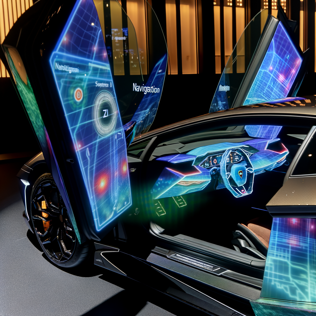 Lamborghini supercar with AI interface display.