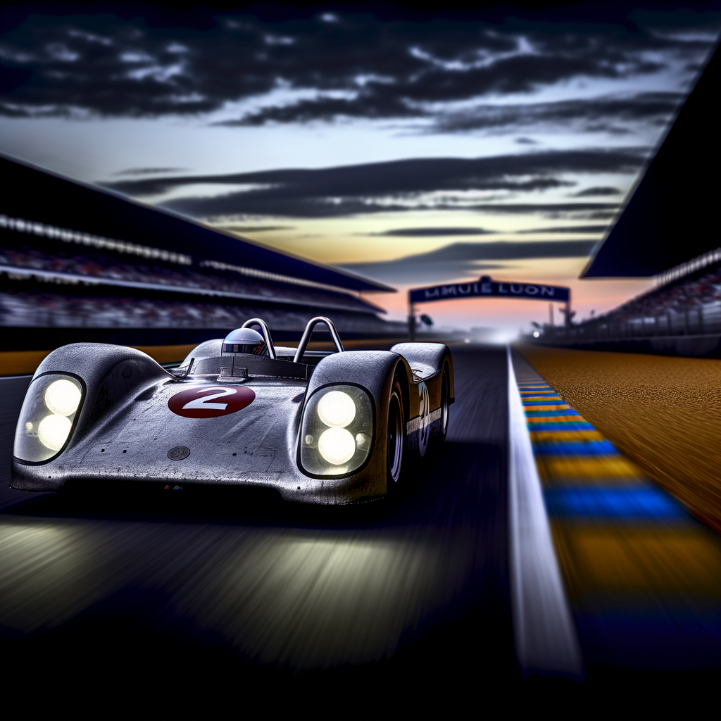 Le Mans race car speeding through dusk.