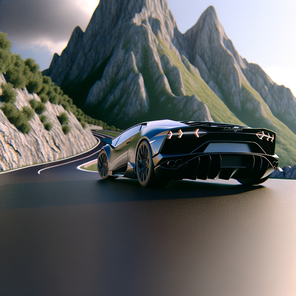Shiny Lamborghini supercar on mountain road.