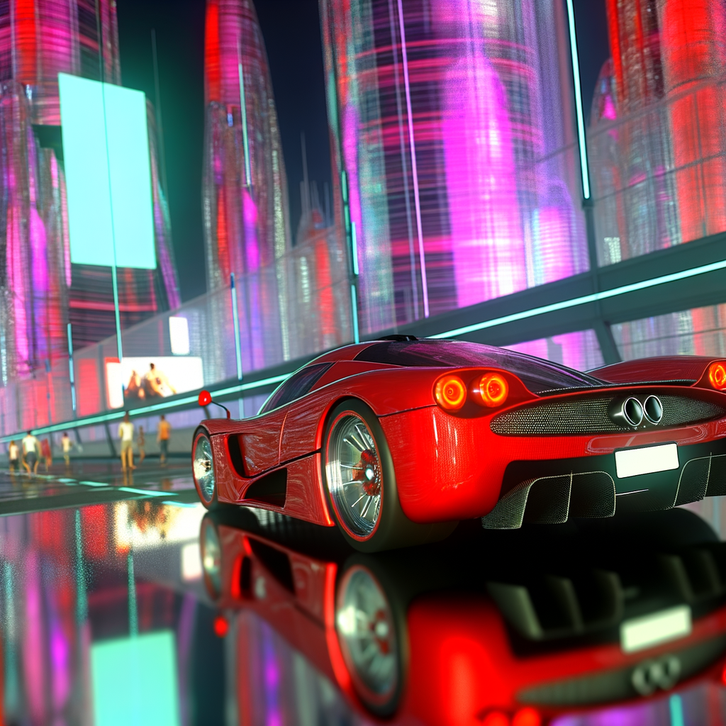 Sleek Ferrari glides through futuristic cityscape.