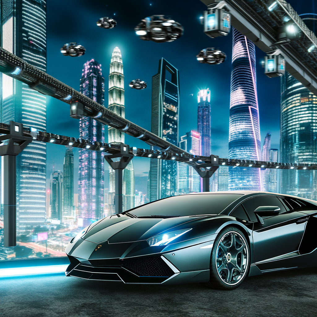 Sleek Lamborghini amidst futuristic cityscape backdrop.