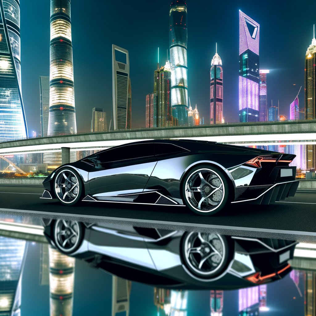Sleek Lamborghini on futuristic urban highway.