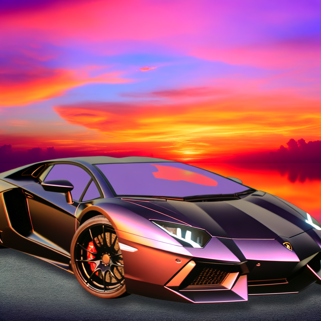 Sleek Lamborghini parked under vibrant sunset.