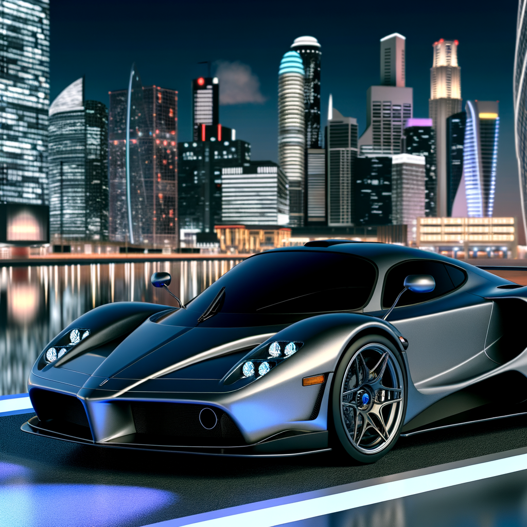 Sleek Lamborghini supercar, futuristic urban backdrop.