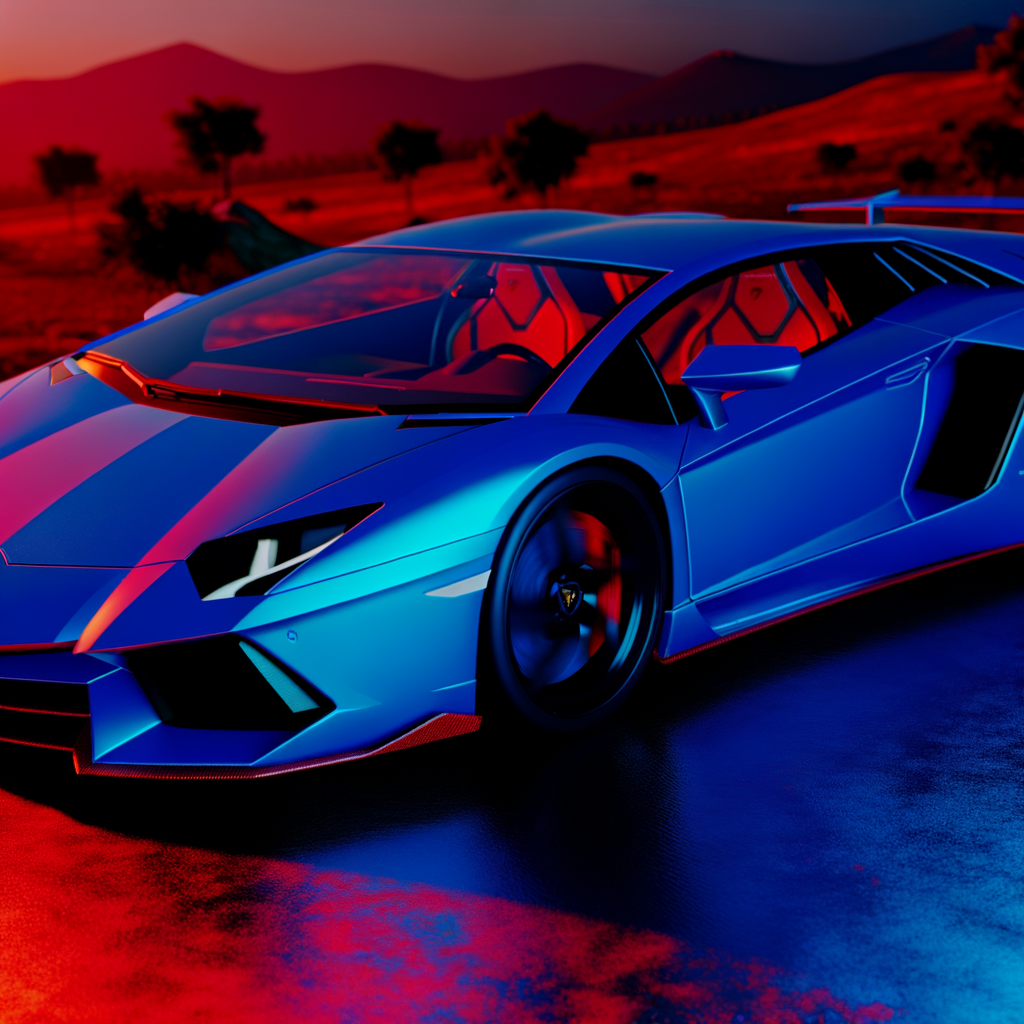 Sleek Lamborghini supercar gliding through sunset.