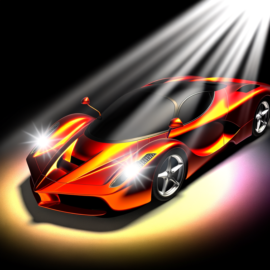 Sleek Lamborghini supercar glistens under spotlight.