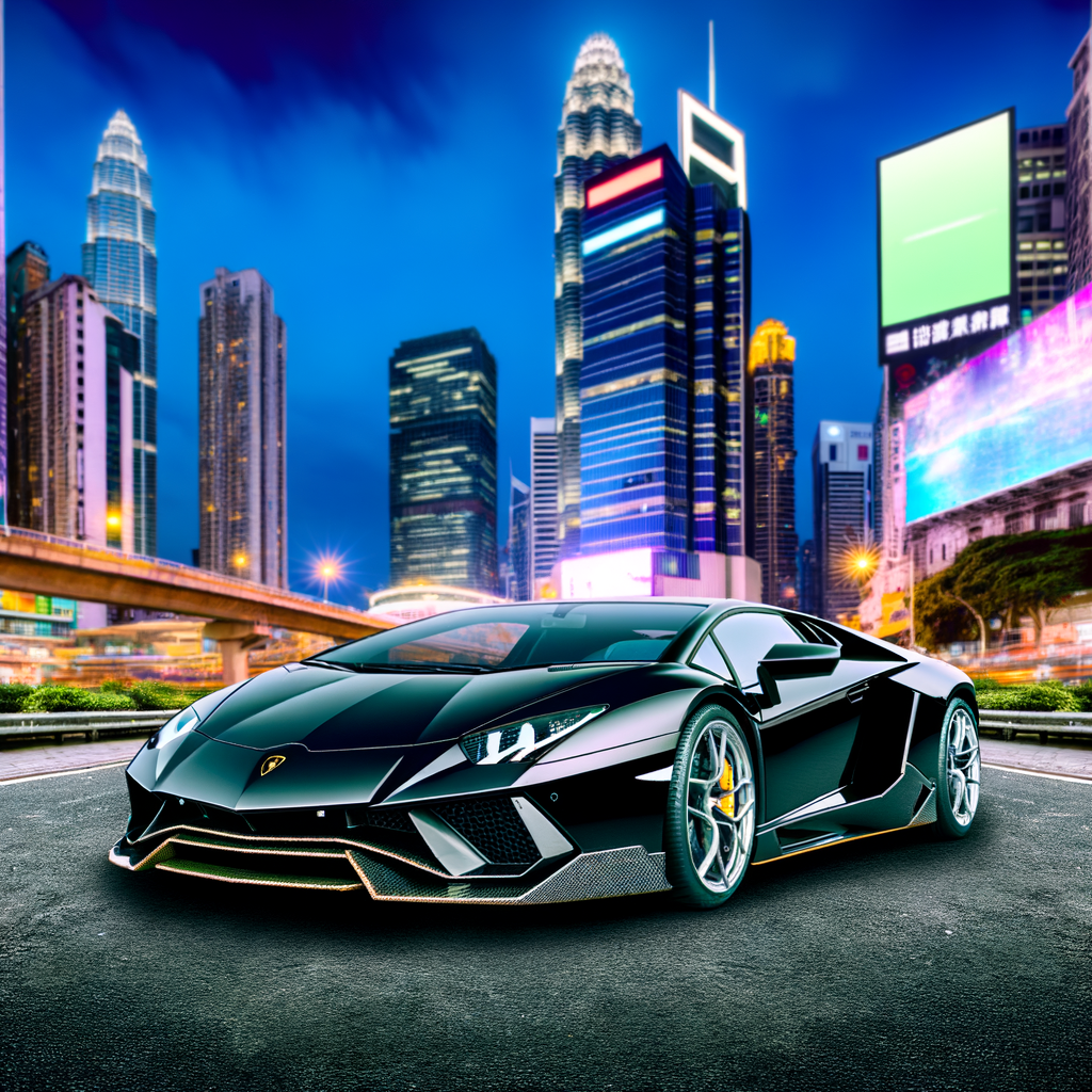 Sleek Lamborghini supercar in futuristic cityscape.