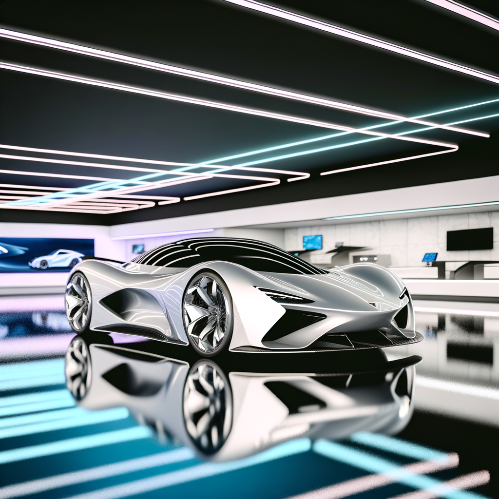 Sleek Lamborghini supercar in futuristic showroom.