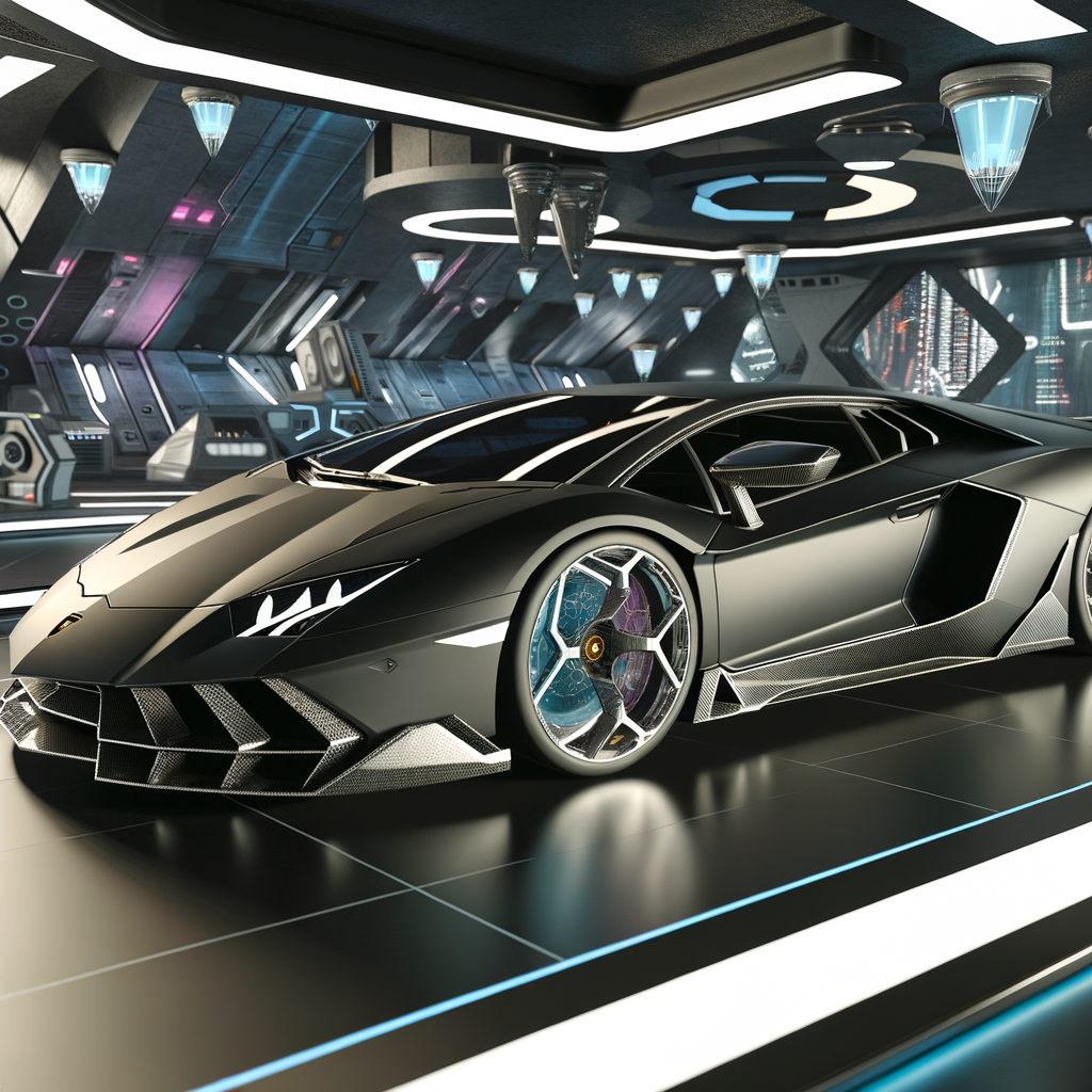 Sleek Lamborghini supercar in futuristic setting.