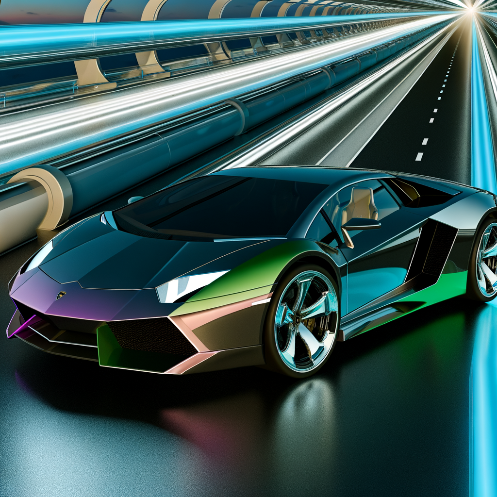 Sleek Lamborghini supercar on futuristic highway.