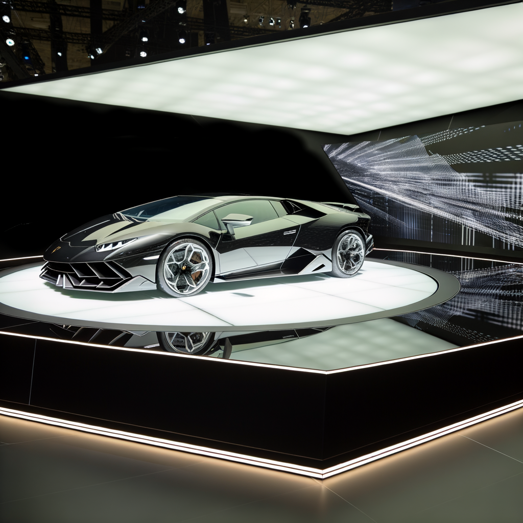 Sleek Lamborghini supercar on futuristic display.