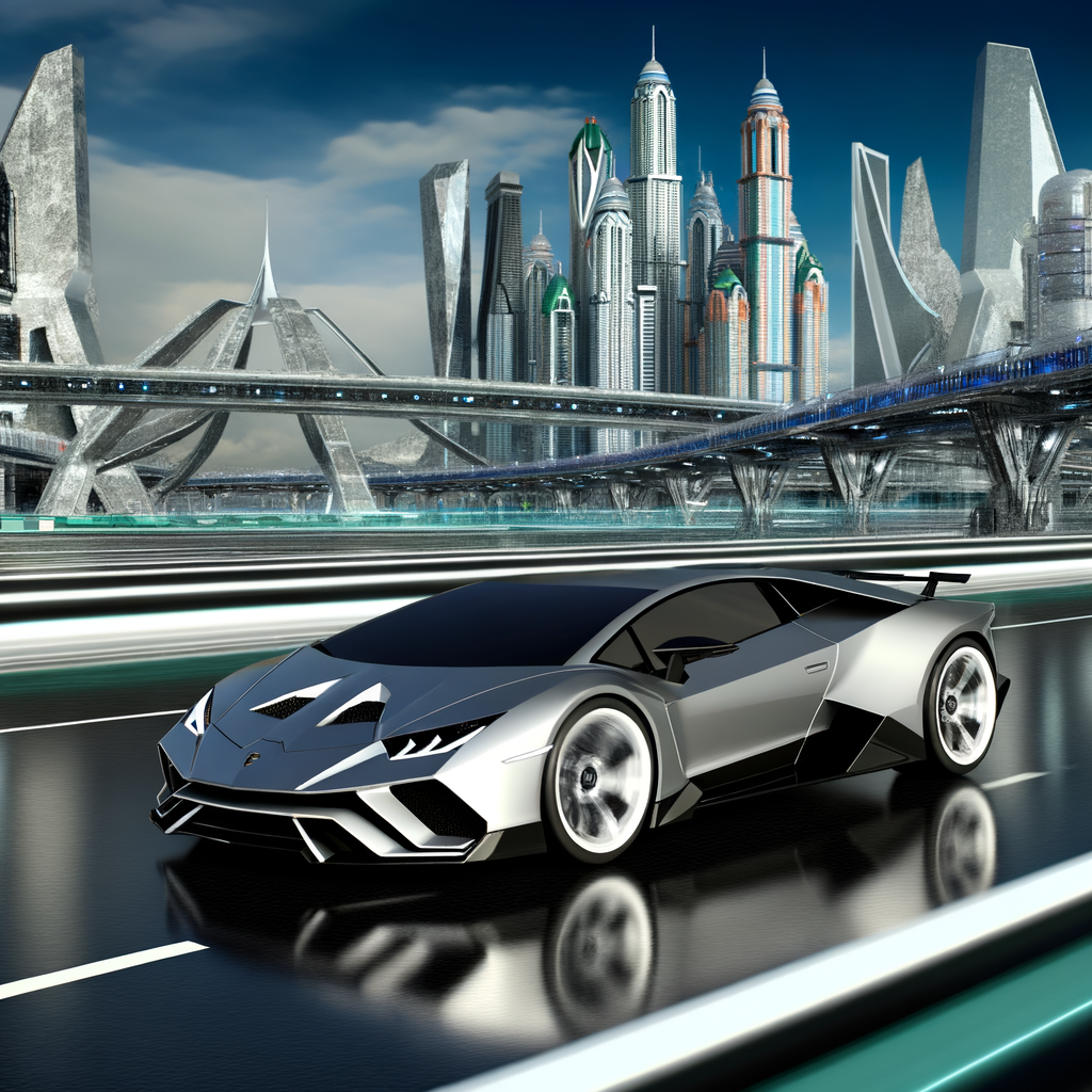 Sleek Lamborghini supercar on futuristic road.