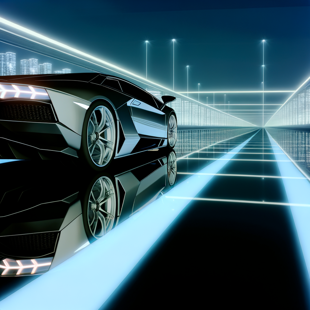 Sleek Lamborghini supercar on futuristic road.