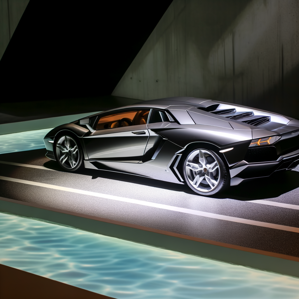 Sleek Lamborghini supercar on futuristic road.