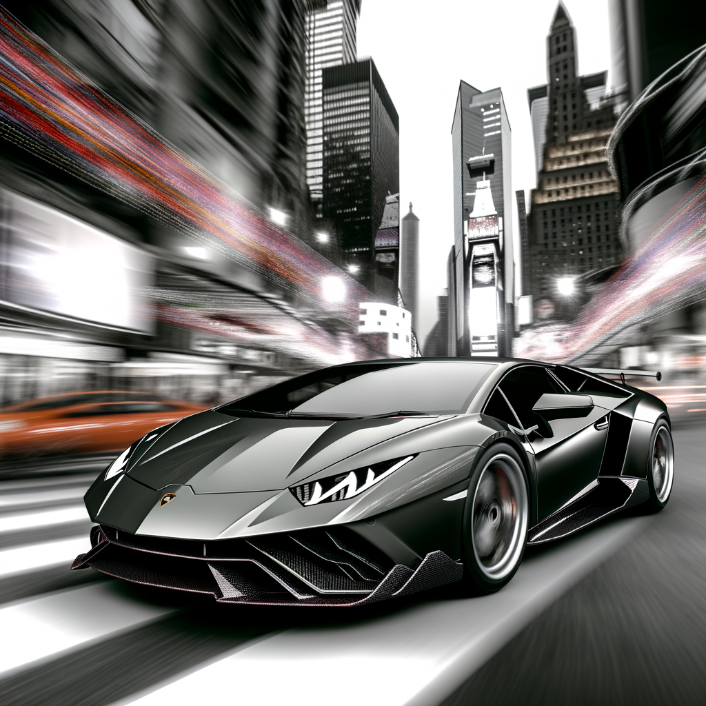 Sleek Lamborghini supercar speeding through city.