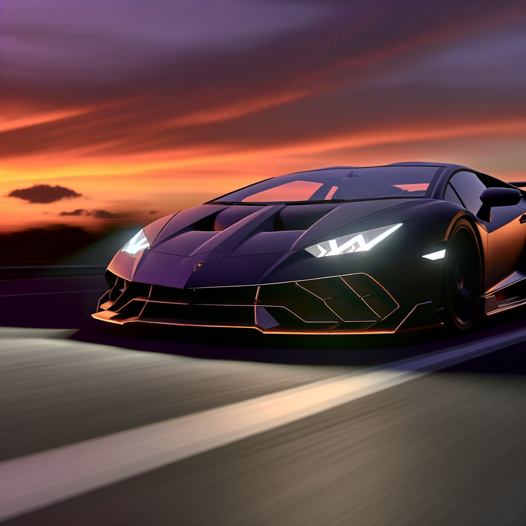 Sleek Lamborghini supercar speeding through sunset.