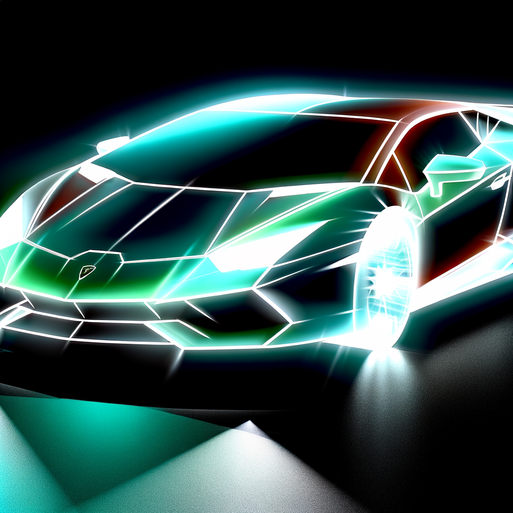 Sleek Lamborghini supercar under vibrant lights.