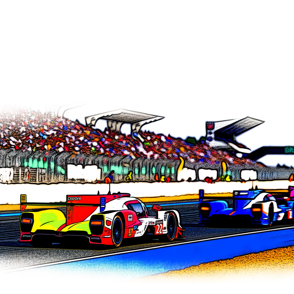 Vibrant racecars speed through Le Mans.